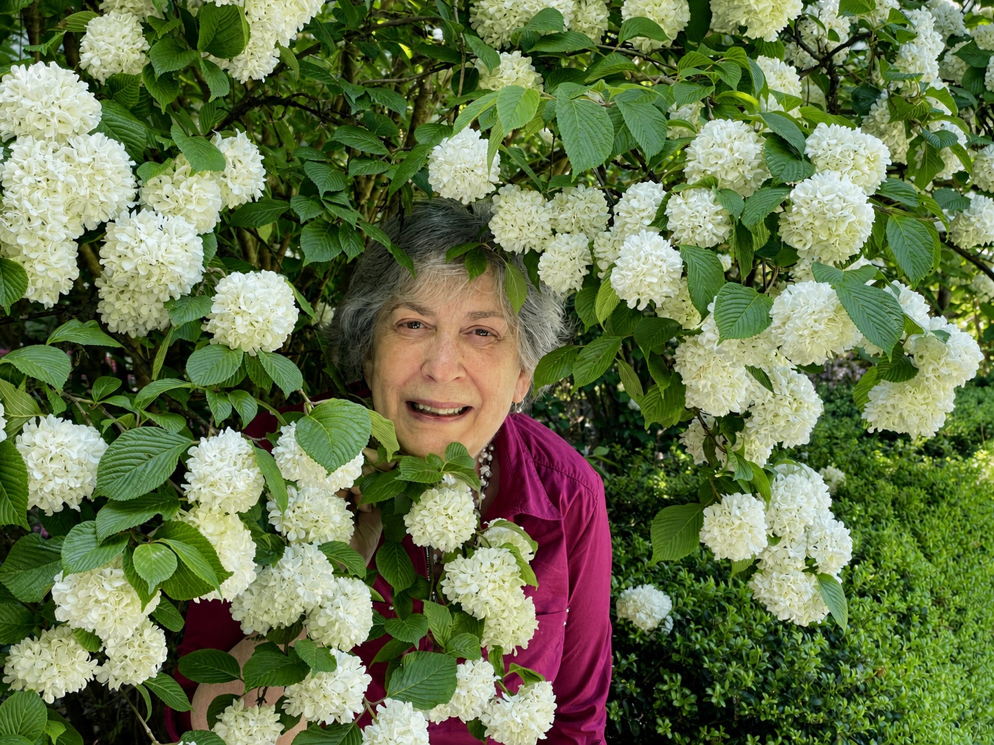 Portrait of Ms. Karen surrounded by white flowers